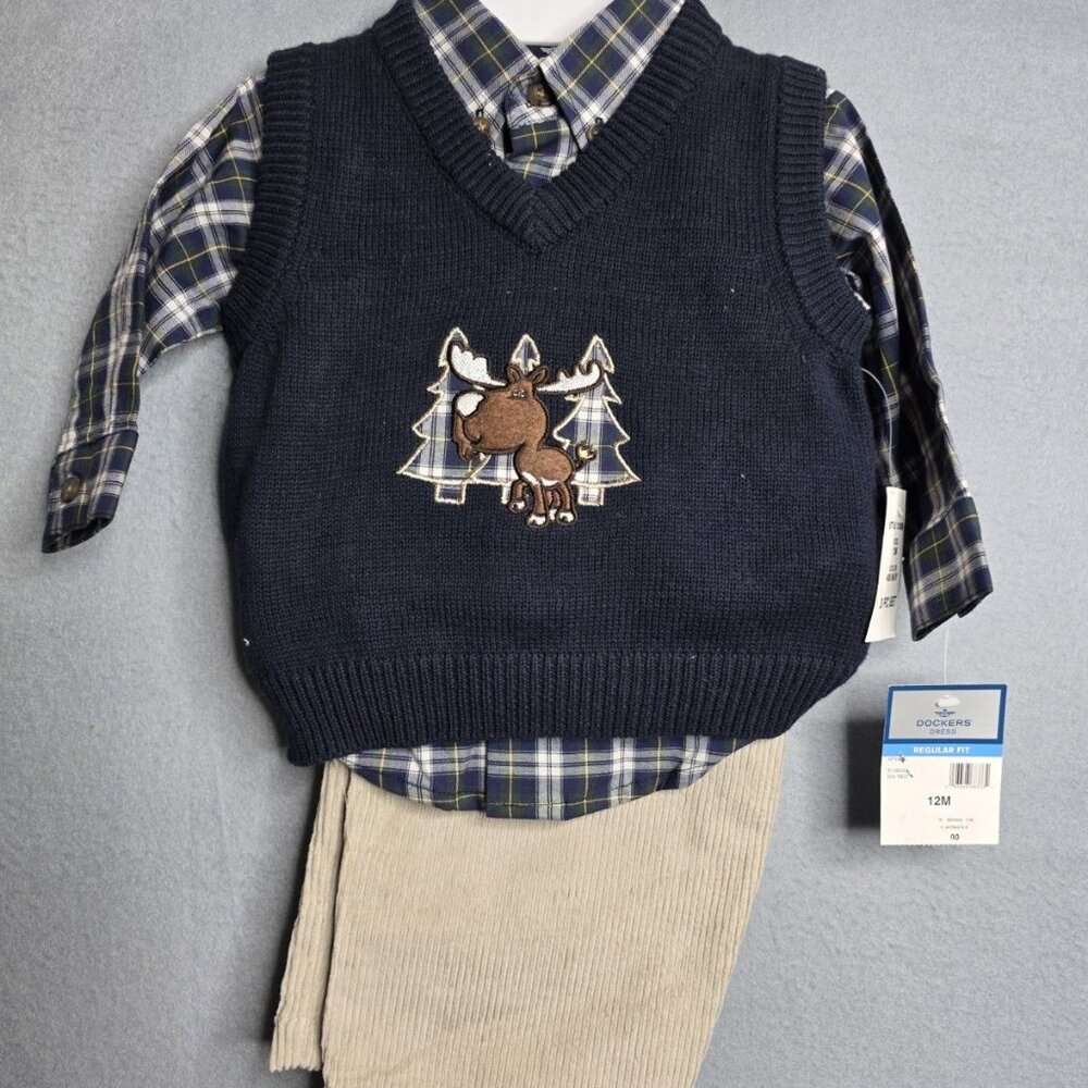 Dockers 3-Piece Shirt  Reindeer Knit Vest w Corduroy Pants Set Size 12M Navy